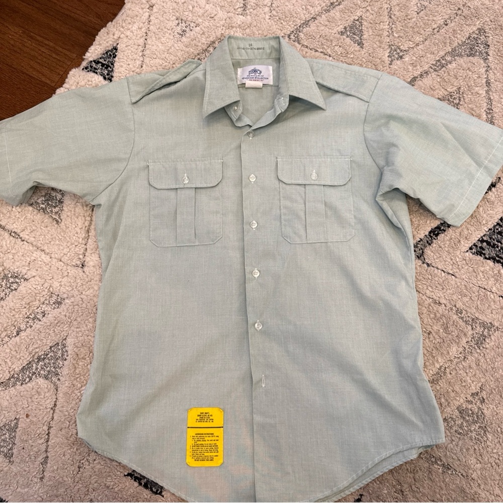 DSCP Garrison Men's Button-Up Vtg Short Sleeve Green Pockets 16 Inch‎ Neck